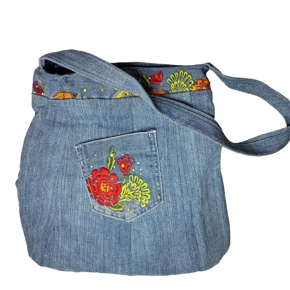 Unbranded Bohemian Jean Bag Floral Embroidery Large